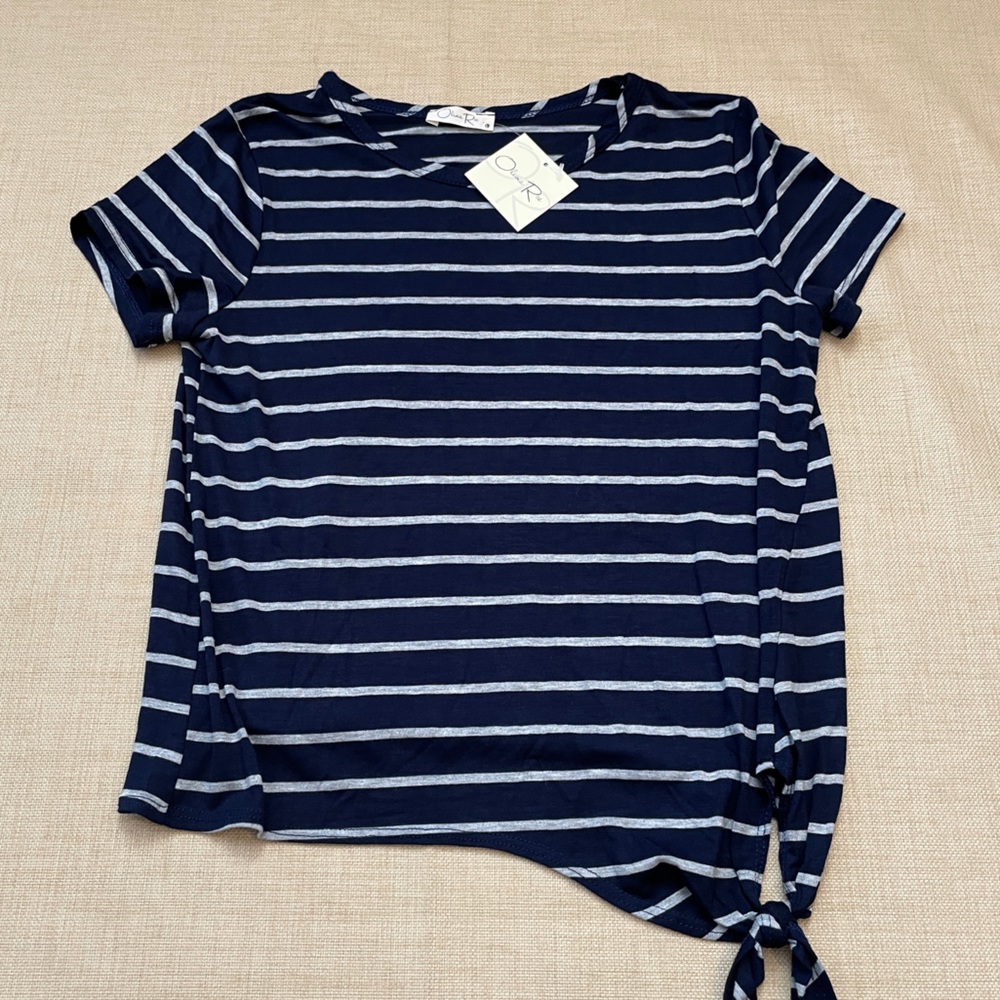 Olivia Rae Navy & Gray Striped Side Knot Tie Short Sleeve Tee